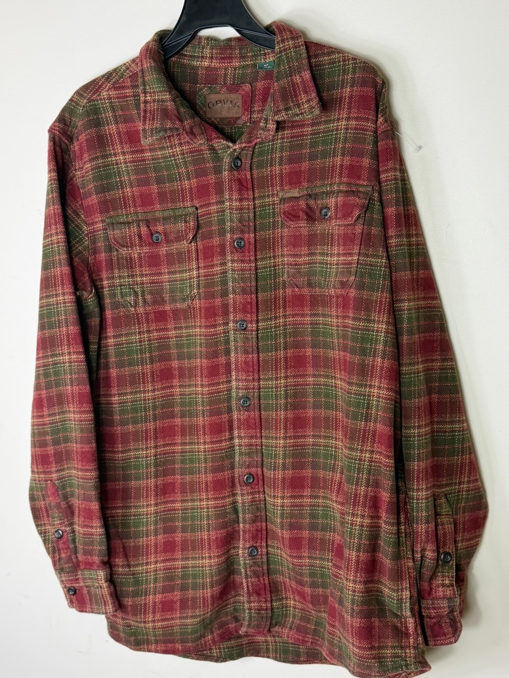 Orvis Mens Flannel Button Shirt Jacket Red Brown Plaid Long Sleeve Pockets XL T
